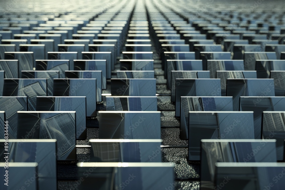 Numerous squares lined up in a precise row, creating a pattern, Endless rows of solar panels standing in formation Numerous squares lined up in a precise row, creating a pattern, Endless rows of solar panels standing in formation
