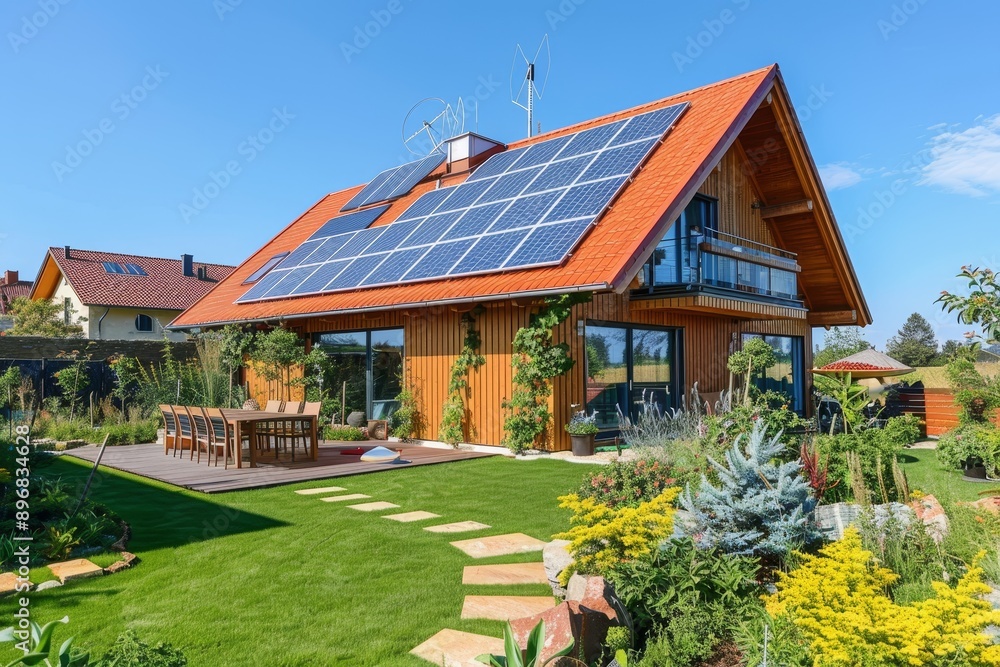 A house featuring solar panels installed on its roof, harnessing renewable energy efficiently, Energy-efficient features like solar panels and wind turbines A house featuring solar panels installed on its roof, harnessing renewable energy efficiently, Energy-efficient features like solar panels and wind turbines