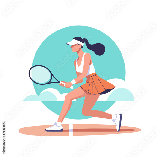 Playing Tennis. Popular sport. Female tennis player runs to hit the ball with a racket. Vector illustration.