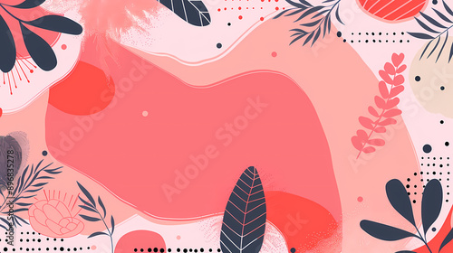 Abstract floral background with red and pink hues, featuring various botanical elements and a large central shape.