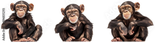 Three Young Chimpanzees Sitting on a White Background