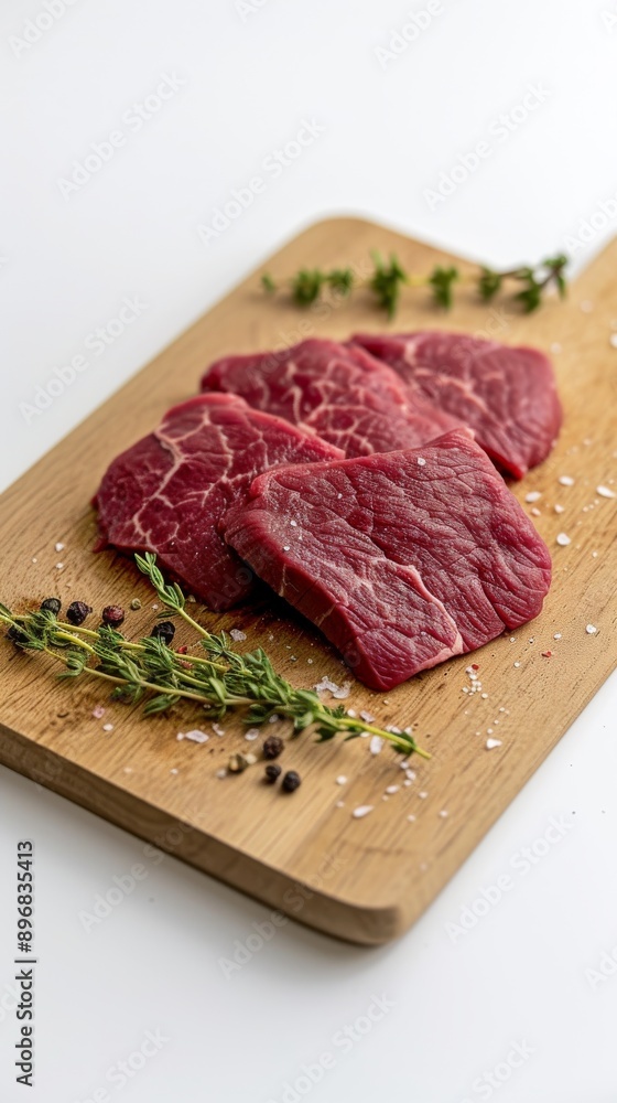 Raw beef steaks on a wooden cutting board with herbs and spices Raw beef steaks on a wooden cutting board with herbs and spices