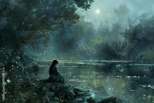 A woman is seated on a rock by a lake under the night sky, Enigmatic source of inspiration for poets and artists photo