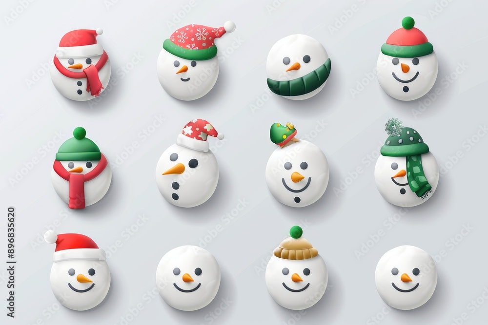 A Collection of Smiling Snowmen with Various Hats and Scarves A Collection of Smiling Snowmen with Various Hats and Scarves