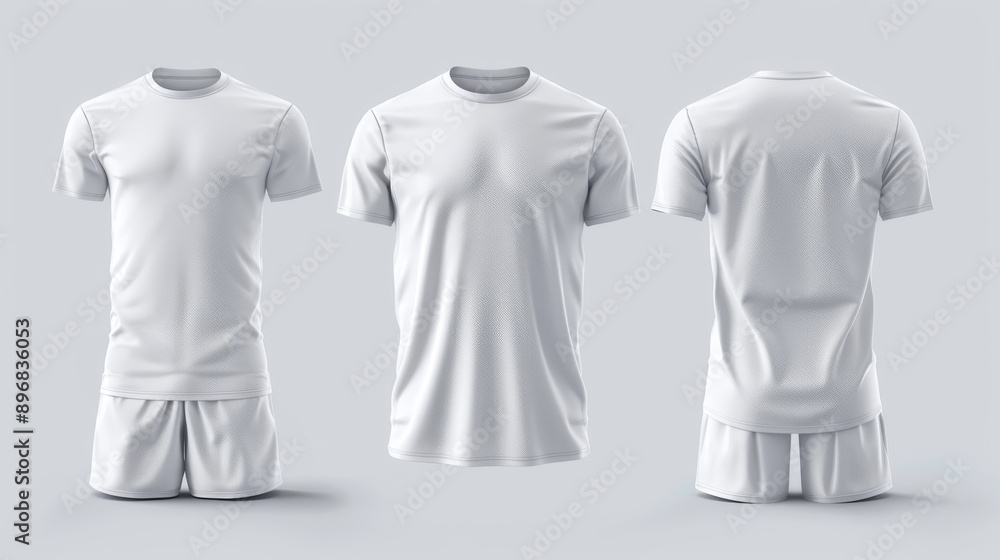 White t-shirt and shorts set for sports like football or rugby, isolated on a background. Mockup for designing clothes, showing front, back, and side views. White t-shirt and shorts set for sports like football or rugby, isolated on a background. Mockup for designing clothes, showing front, back, and side views.