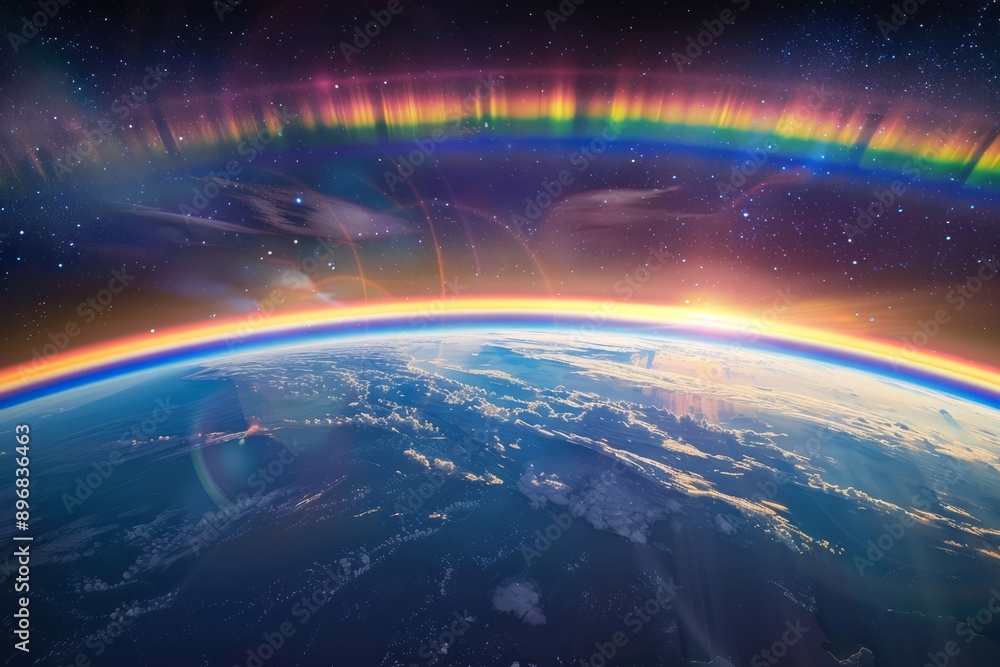 Fototapeta premium Beautiful rainbow over planet Earth. Halo colourful effect, aerial view from cosmos. 