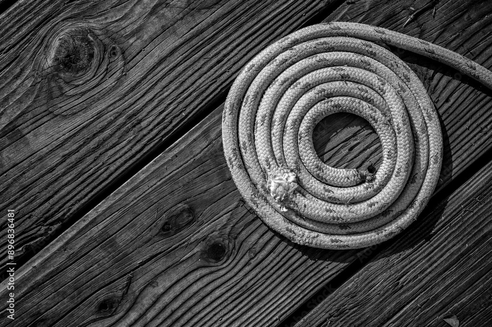Coiled Double Braid Yacht Line on a Textured wooden Pier. Coiled Double Braid Yacht Line on a Textured wooden Pier.