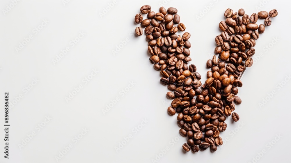 Top view of letter V with coffee beans on white background with space for messages Top view of letter V with coffee beans on white background with space for messages
