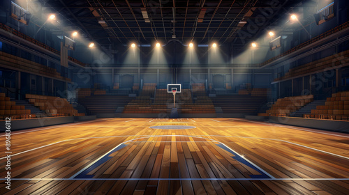 Wooden basketball court lit up by spotlights in a modern indoor stadium. This is a cartoon illustration of a sports arena or hall where team games like championships or tournaments are held. photo