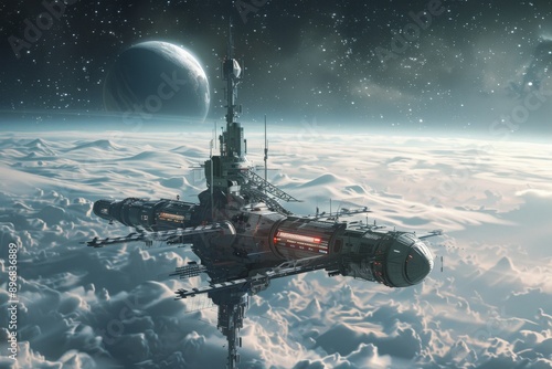 Fototapeta Naklejka Na Ścianę i Meble -  Futuristic Space Station Above Clouds.