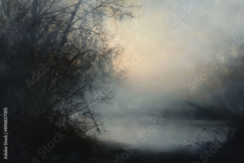 A painting featuring a misty river with trees in the background during dawn, Ethereal mist diffusing the brightness of dawn