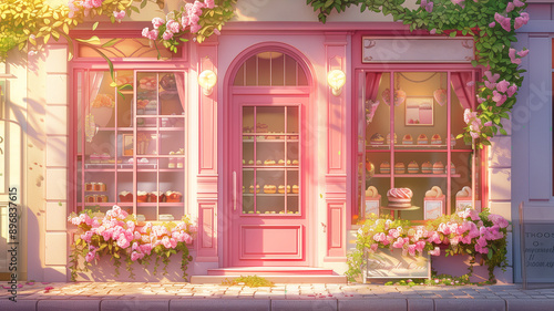 Cute and charming street cafe shop. Anime style illustration.