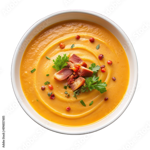 Sweet potato cream soup with spices and bacon on white bowl on transparent background