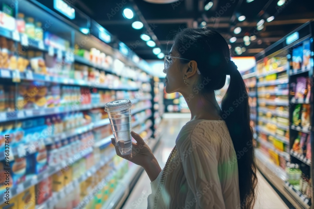 A woman is standing in the aisle of a grocery store, surrounded by shelves of products, Evaluate the effectiveness of current branding and messaging on consumer perception A woman is standing in the aisle of a grocery store, surrounded by shelves of products, Evaluate the effectiveness of current branding and messaging on consumer perception
