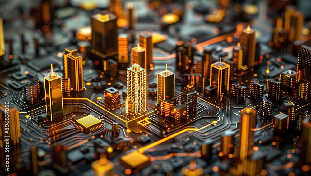 A futuristic cityscape with skyscrapers and buildings emerging from a 3D printed circuit board, illuminated by orange lighting, showcasing advanced technology and urban development concepts. A futuristic cityscape with skyscrapers and buildings emerging from a 3D printed circuit board, illuminated by orange lighting, showcasing advanced technology and urban development concepts.
