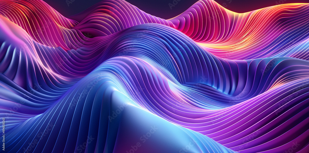 Obraz premium 3d render of abstract background with colorful wavy lines on purple and blue colors