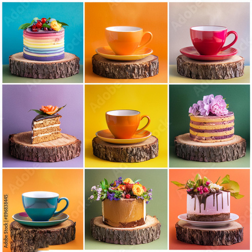 set of tea and cakes with collage image