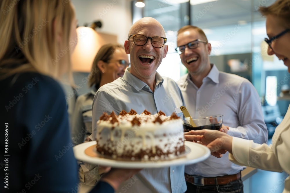 A group of executives sharing a moment of joy, laughing together while holding a celebratory cake, Executives laughing and sharing a celebratory cake in the office break room
