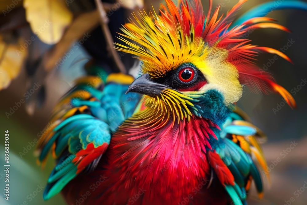 Obraz premium A vibrant bird with colorful feathers perched on a branch, Exotic birds with brightly colored feathers