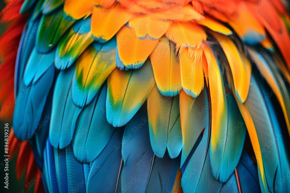 Obraz premium Detailed view of the bright and colorful feathers of a parrot in a close-up shot, Exotic birds with brightly colored feathers