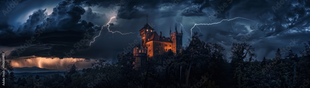 Illuminated Castle in a Stormy Night - Dark and Dramatic Lighting with Lightning Strikes, High Resolution Image of Haunting Fortress during Thunderstorm Illuminated Castle in a Stormy Night - Dark and Dramatic Lighting with Lightning Strikes, High Resolution Image of Haunting Fortress during Thunderstorm