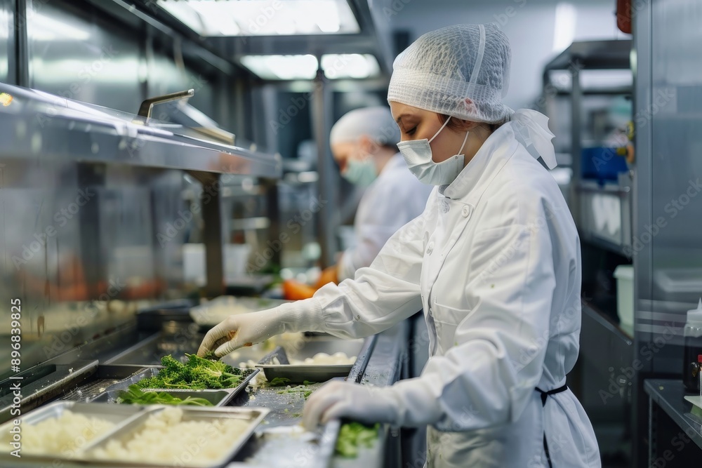 A woman wearing a white coat is cooking in a kitchen, Experiencing the process of food inspection and quality control through art A woman wearing a white coat is cooking in a kitchen, Experiencing the process of food inspection and quality control through art