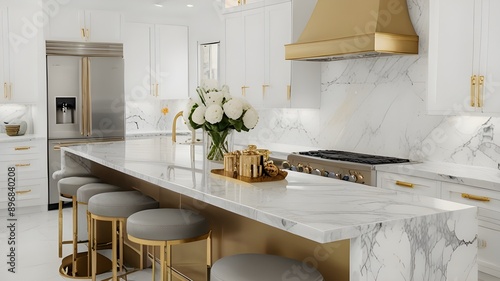 A stylish kitchen with stainless steel appliances and white marble granite counters. 3D