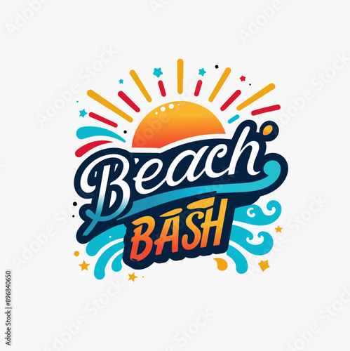 "Vibrant and festive logo for a 'Beach Bash' event, featuring a colorful sunset and dynamic wave elements. Perfect for summer parties, beach festivals, and tropical celebrations."