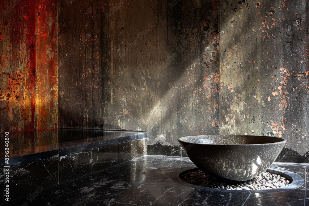 Black bowl placed in front of a sleek wall in a modern bathroom, Experiment with contrasting textures and materials to convey a sense of depth and dimension Black bowl placed in front of a sleek wall in a modern bathroom, Experiment with contrasting textures and materials to convey a sense of depth and dimension