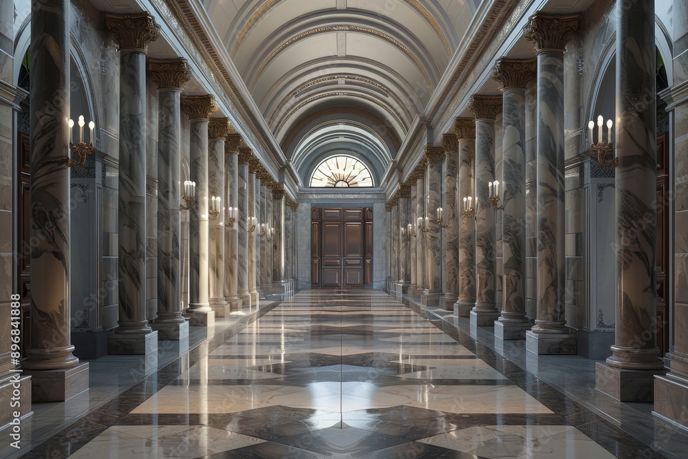 A hallway with tall columns and gleaming marble flooring, Experiment with different textures and patterns to depict the process of recycling A hallway with tall columns and gleaming marble flooring, Experiment with different textures and patterns to depict the process of recycling