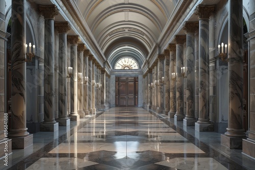 A hallway with tall columns and gleaming marble flooring, Experiment with different textures and patterns to depict the process of recycling