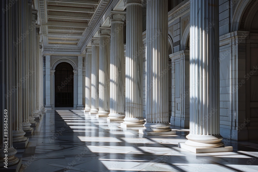 Illuminated Hallway With Columns, Experiment with light and shadow to emphasize the classical forms and proportions of neoclassical architecture Illuminated Hallway With Columns, Experiment with light and shadow to emphasize the classical forms and proportions of neoclassical architecture