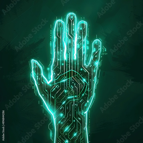 flat vector graphics illustration against a blue neon Light background, computer art, 2D game art, circuitry in the shape of an outstretched palm with five fingers wide open using flat colors and a wh photo