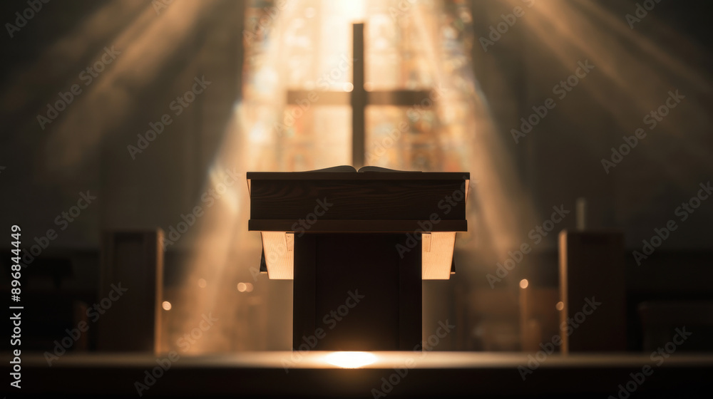 Naklejka premium A church pulpit bathed in warm light, with a cross illuminated in the background. The image evokes a sense of hope and spirituality.