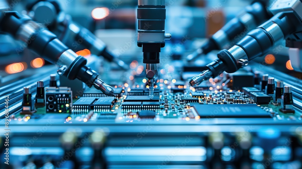 Component Installation and Quality Control of Circuit Board. Fully Automated PCB Assembly Line Equipped with High Precision Robot Arms at Electronics Factory. copy space for text. Component Installation and Quality Control of Circuit Board. Fully Automated PCB Assembly Line Equipped with High Precision Robot Arms at Electronics Factory. copy space for text.