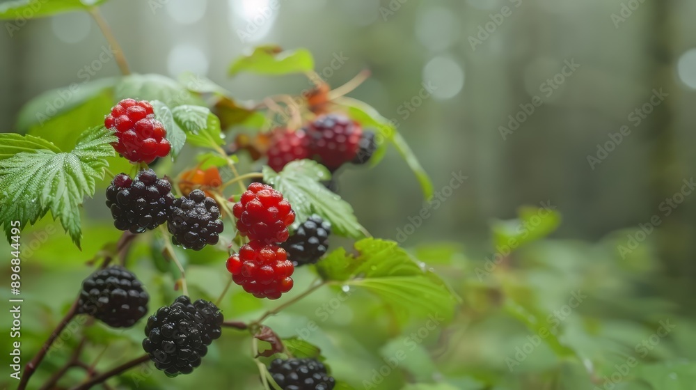 Uncommon berries, forest setting, morning dew, Photo style Uncommon berries, forest setting, morning dew, Photo style