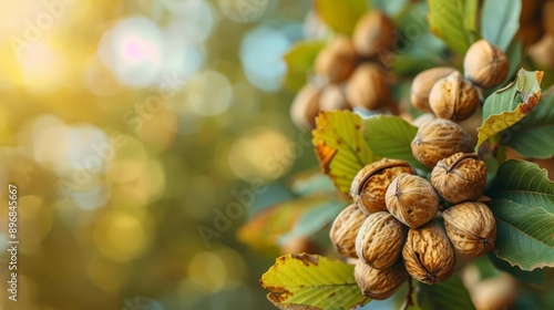 Nut trees, golden nuts, autumn harvest, Photo style