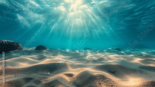 Fototapeta Naklejka Na Ścianę i Meble -  Underwater In Blue Sea, Deep Water Abyss With Abstract Sunshine