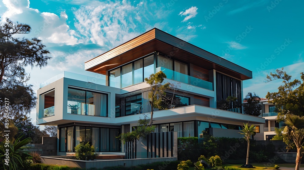 Modern Luxury Home at Sunset. sunset in the city
Modern Luxury Home at Sunset. sunset in the city