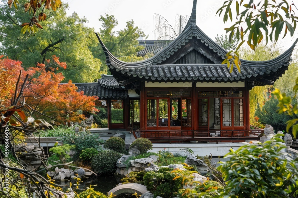 Fototapeta premium A Chinese house sits in a garden surrounded by lush trees, Explore the balance of nature and man-made structures in Chinese gardens