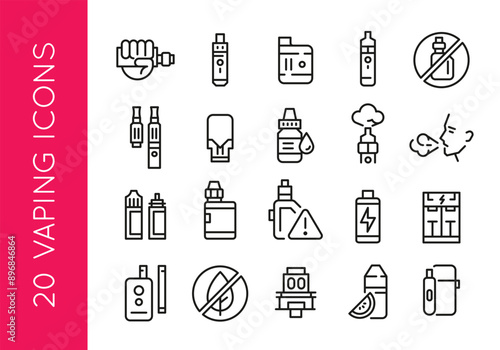 Vaping icons. Set of 20 vaping trendy minimal icons. Hand holding vape, vape pen, e-liquid bottle and person vaping icon. Design signs for web page, mobile app, packaging design. Vector illustration