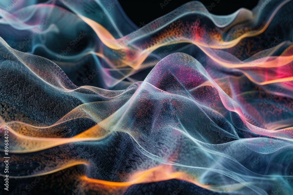 Obraz premium Vibrant waves of color blend and intertwine against a dark backdrop, Explore the concept of connectivity in tech through abstract wave forms