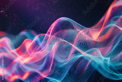 A dynamic wave composed of blue, pink, and purple hues in an abstract composition, Explore the concept of connectivity in tech through abstract wave forms