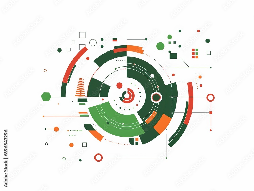 Abstract vector illustration of geometric shapes in red, green, and orange forming a circular pattern on a white background, conveying digital technology and data visualization Abstract vector illustration of geometric shapes in red, green, and orange forming a circular pattern on a white background, conveying digital technology and data visualization