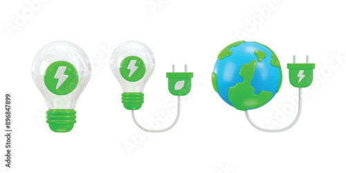 green energy light icon and green globe icon 3d render concept of environmental sustainability vector icon illustration set