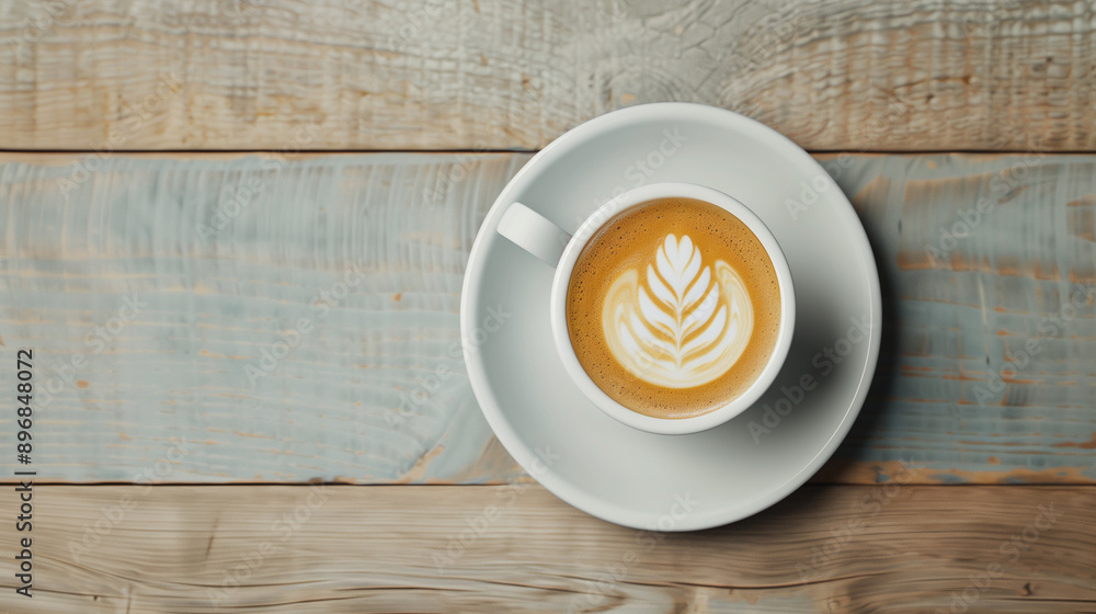 Top view of a cappuccino coffee cup with perfect foam art, on wood. Top view of a cappuccino coffee cup with perfect foam art, on wood.