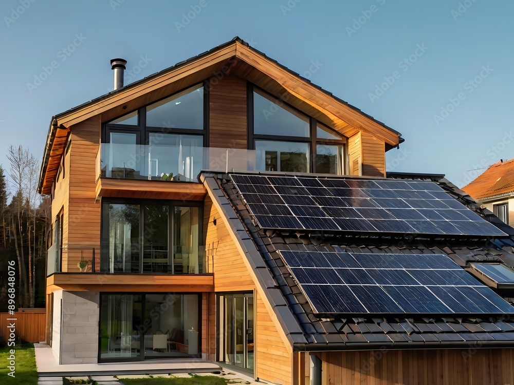 Close-up of a new suburban house with a photovoltaic system on the roof. Simple and modern environmentally friendly house with solar panels on the gable roof, with sunlight during the day Close-up of a new suburban house with a photovoltaic system on the roof. Simple and modern environmentally friendly house with solar panels on the gable roof, with sunlight during the day