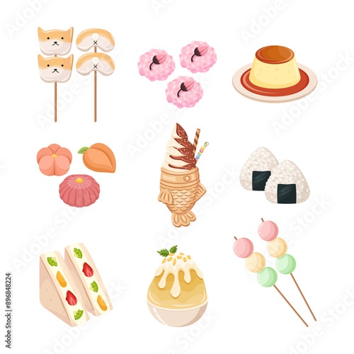 Japanese street food set. Shiba inu dango, sakura mochi, purin, nerikiri, taiyaki ice cream, onigiri, fruit sando, kakigori, and dango.