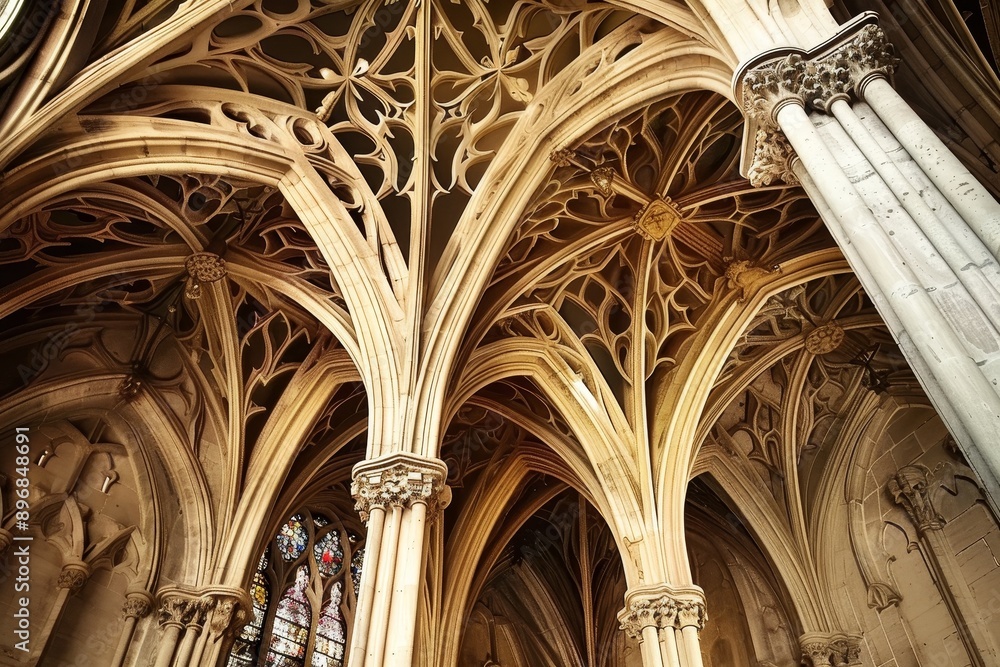 Detailed view of ornate pointed arches inside a Gothic cathedral, Explore the intricate details of pointed arches and ribbed vaults in Gothic architecture Detailed view of ornate pointed arches inside a Gothic cathedral, Explore the intricate details of pointed arches and ribbed vaults in Gothic architecture