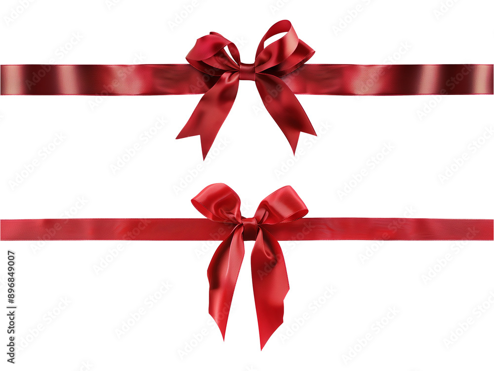 Red ribbon with a bow for Christmas, birthday, or valentines day present decoration set isolated on a transparent background, cut out, PNG Red ribbon with a bow for Christmas, birthday, or valentines day present decoration set isolated on a transparent background, cut out, PNG